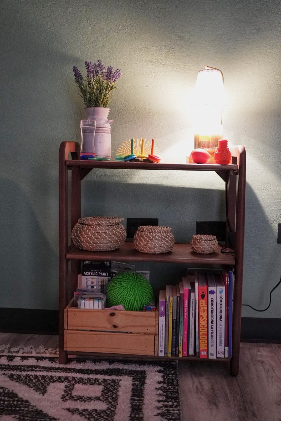 Estantería de la oficina con libros, cestas y materiales para las sesiones.
