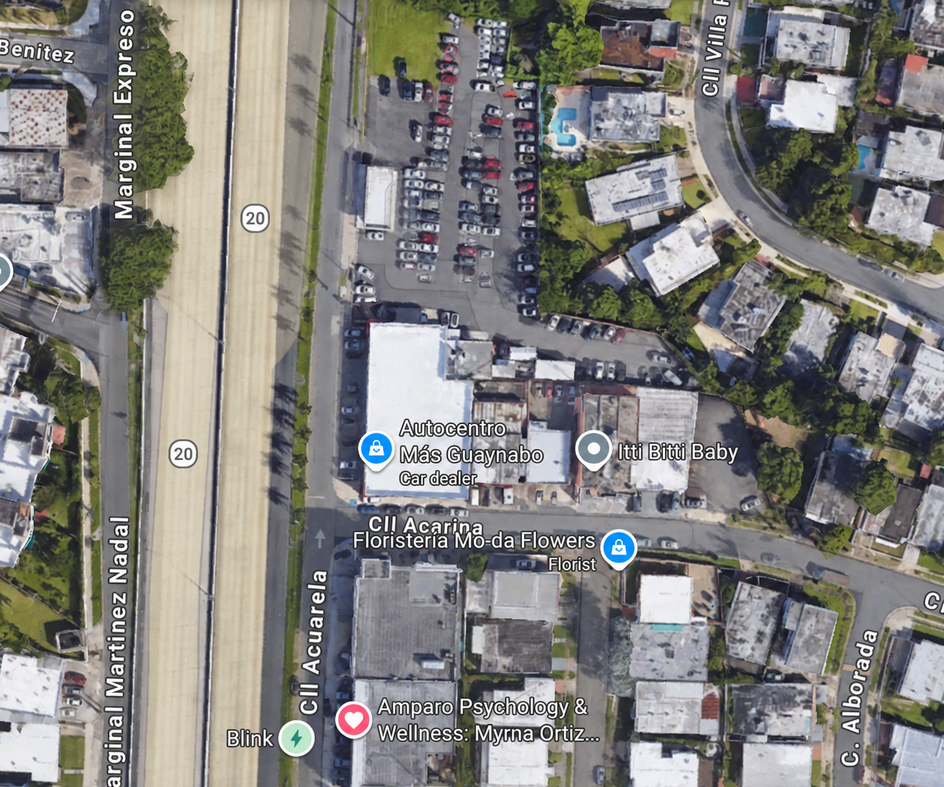 Mapa ampliado de UP Spaces. Parking 1 junto a Calle Acerina; Parking 2 al final de la línea punteada, en el pequeño sector detrás de Autocentro Más Guaynabo, sin incluir el estacionamiento contiguo.