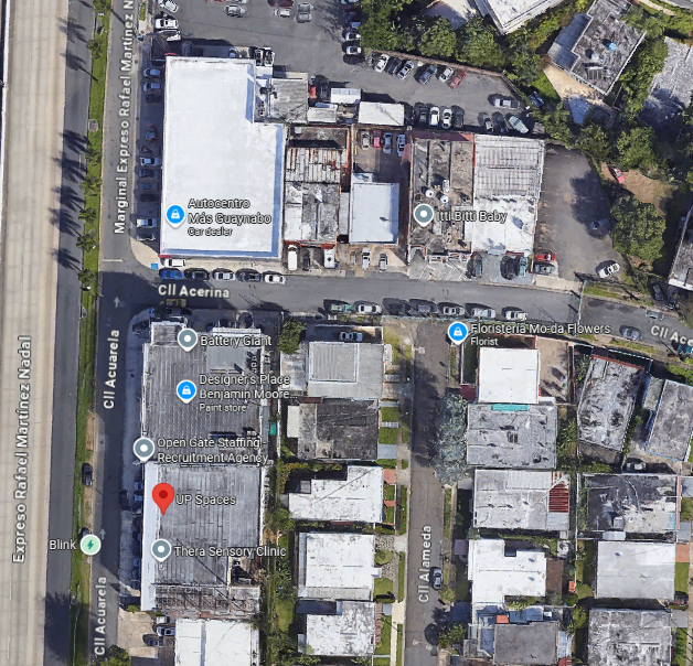Mapa aéreo de UP Spaces en Guaynabo con referencia visual hacia el área de parking